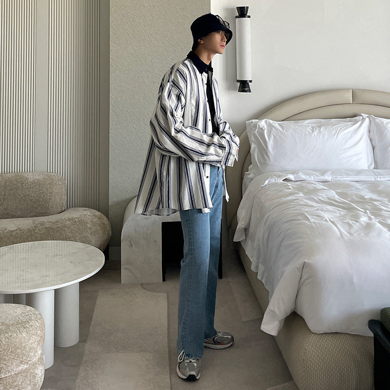 Men's Spring And Autumn Striped Long-sleeved Shirt