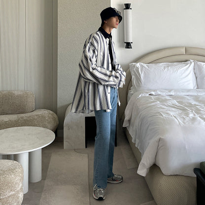 Men's Spring And Autumn Striped Long-sleeved Shirt